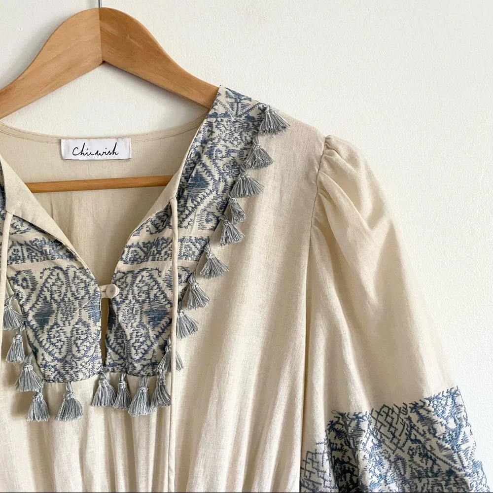 Chicwish Cream Mini Dress with Blue Trim